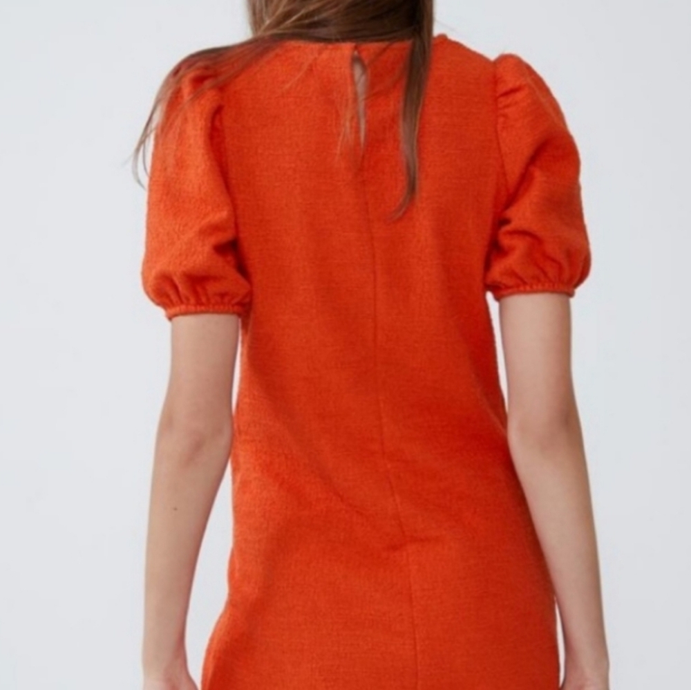 🌷ZARA • Orange Tweed-effect Short Puff Sleeve A-Line Shift Dress NWT - Picture 4 of 15
